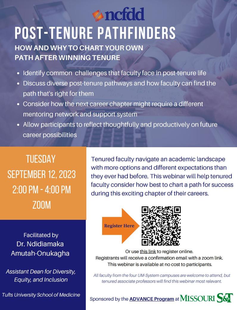 Flyer for Post-Tenure Pathfinders. How and why to chart your own path after winning tenure. Tuesday, September 12th, 2023 2pm-4pm on Zoom. Link to register: https://us02web.zoom.us/meeting/register/tZYlcemtpjIrE9T8MjItlAQw-EBImqfFteWR#/registration